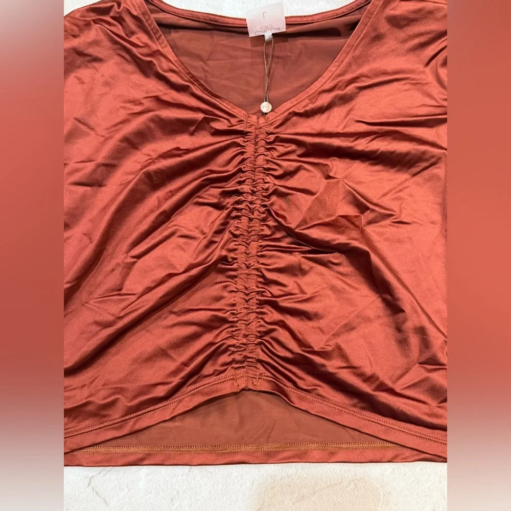 CALIA Women's Long Sleeve Ruched Swim Rash Guard Rust Lycra Shirt UPF 50 Brown